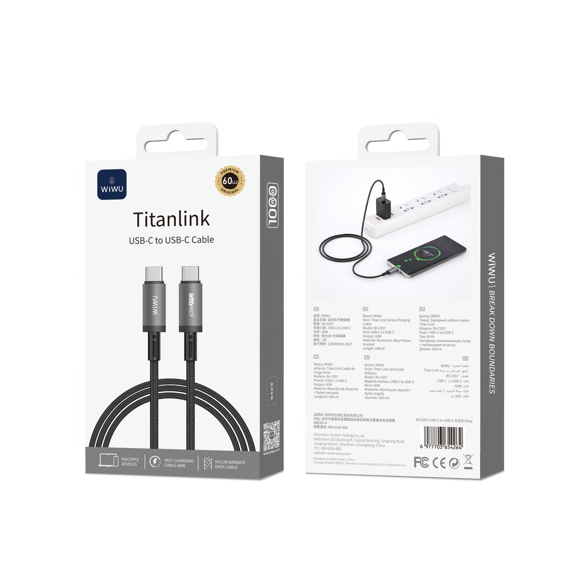 Cable WIWU Titanlink series WI-C057 60W tipo C-C  1M gray