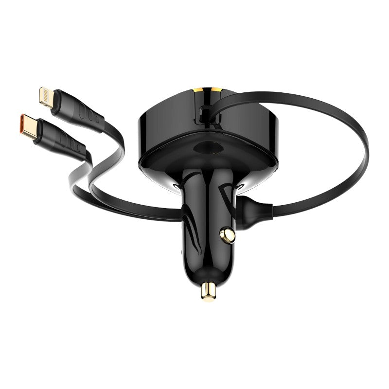 CARGADOR DE AUTO LDNIO C107 CON CABLE RETRACTABLE 30W NEGRO