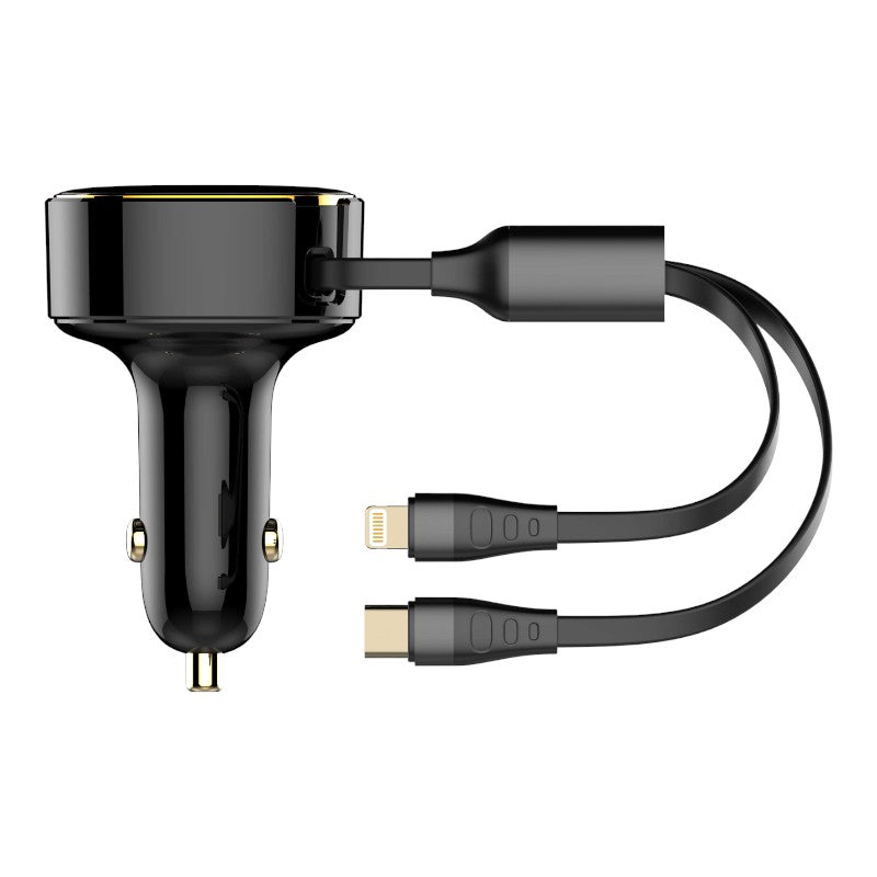 CARGADOR DE AUTO LDNIO C107 CON CABLE RETRACTABLE 30W NEGRO