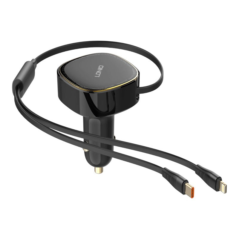 CARGADOR DE AUTO LDNIO C107 CON CABLE RETRACTABLE 30W NEGRO