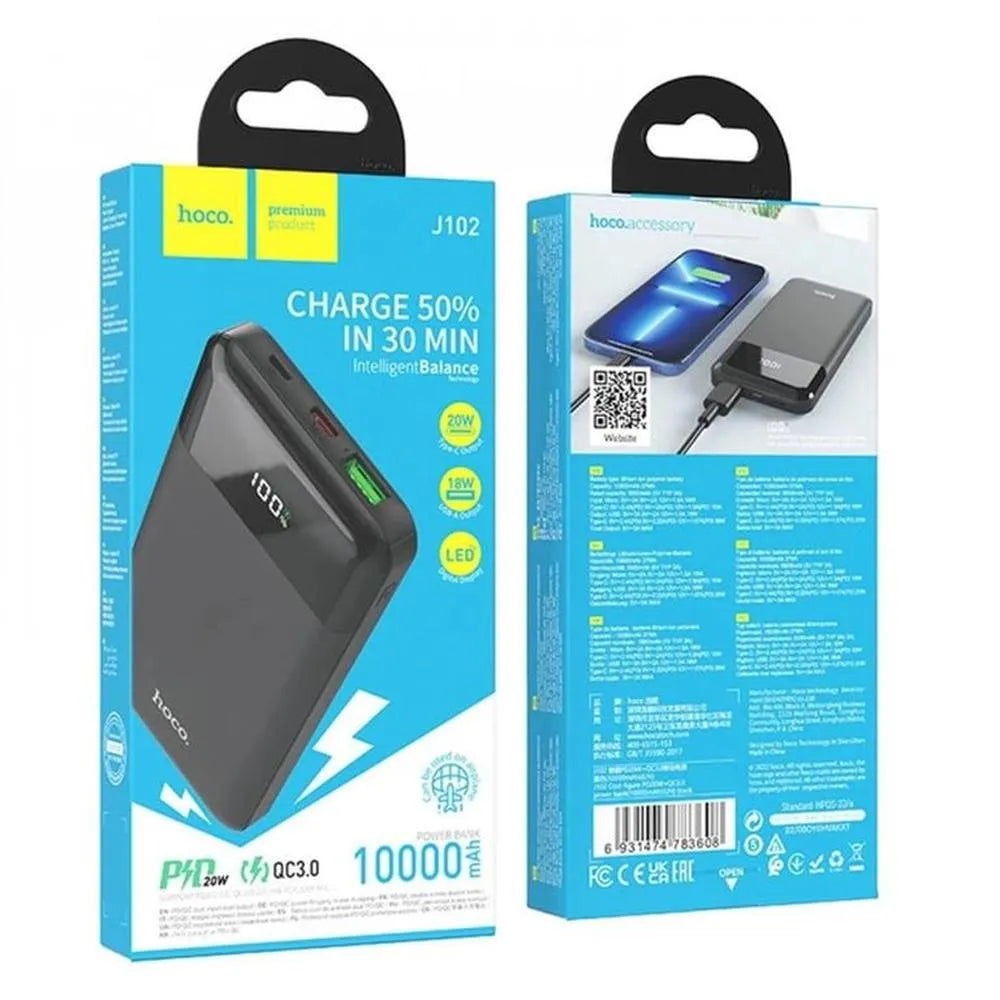 Power Bank Hoco J102 Cargador Portatil 10000 mAh 20w  NEGRO