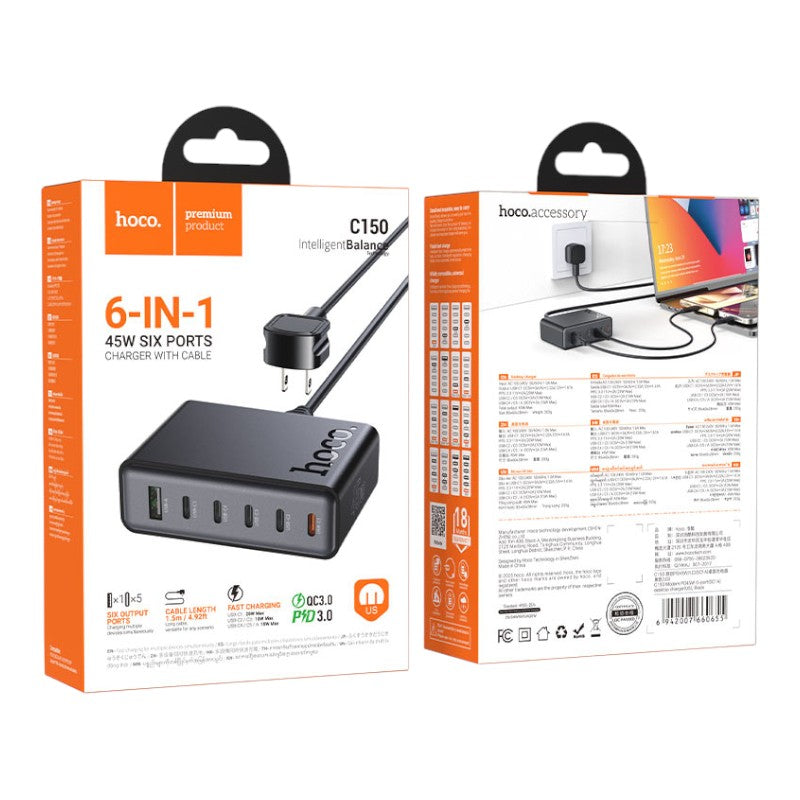 CARGADOR UNIVERSAL 6 EN 1 HOCO C150 45W NEGRO