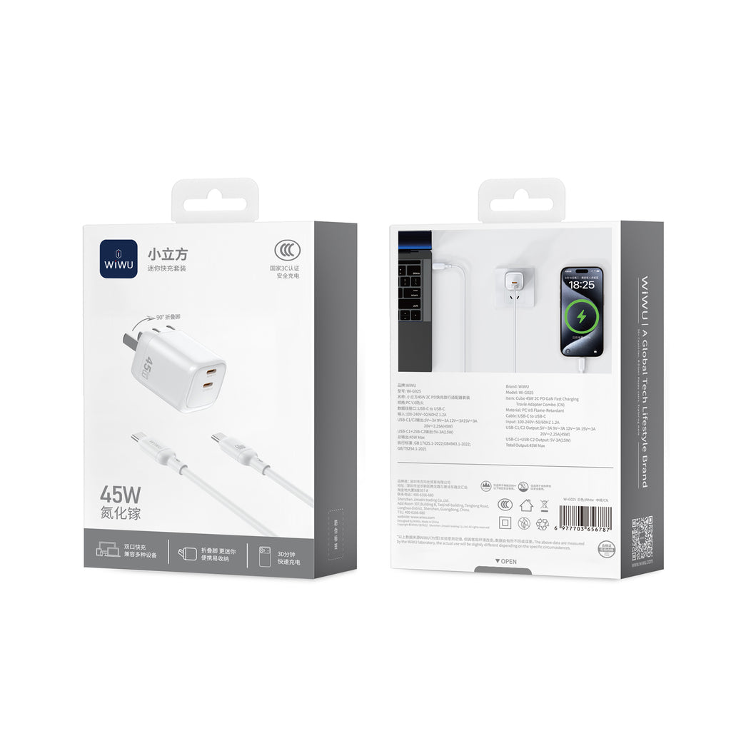 Crgador WIWU 45W WI-G025 2C+A + cable tipo c blanco