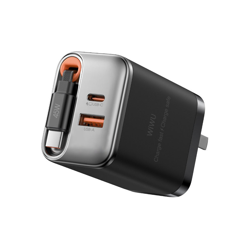 Cargador de Pared WiWU Helix WI-G021 45W GaN + Cable Retráctil USB-C negro