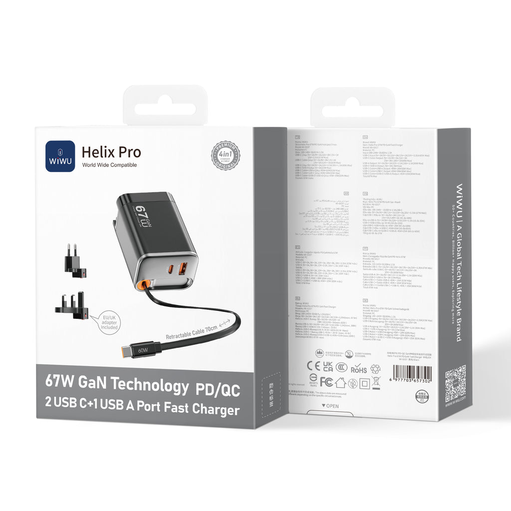 Cargador de Pared WiWU Helix Pro WI-G027 67W GaN + Cable Retráctil USB-C negro