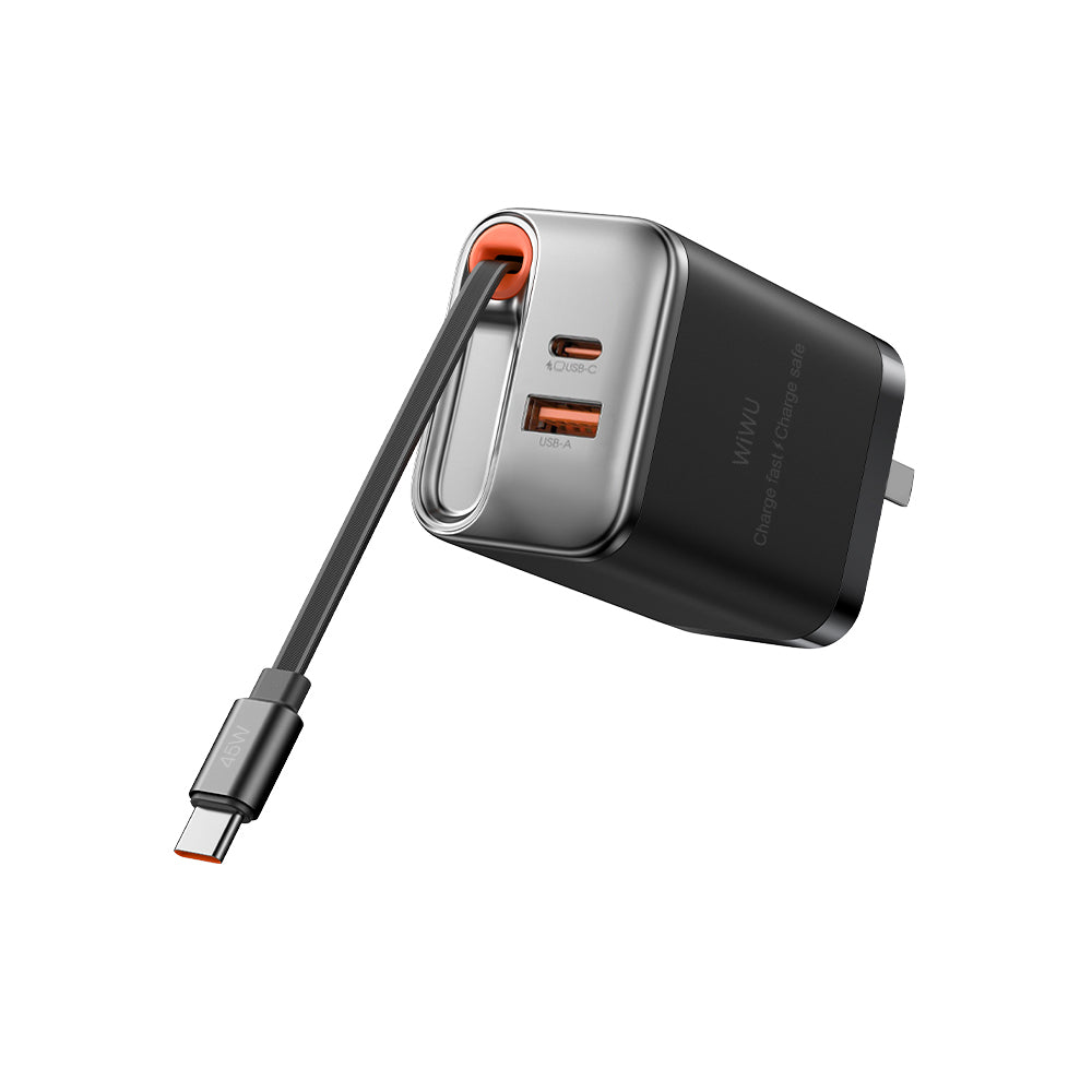 Cargador de Pared WiWU Helix WI-G021 45W GaN + Cable Retráctil USB-C negro