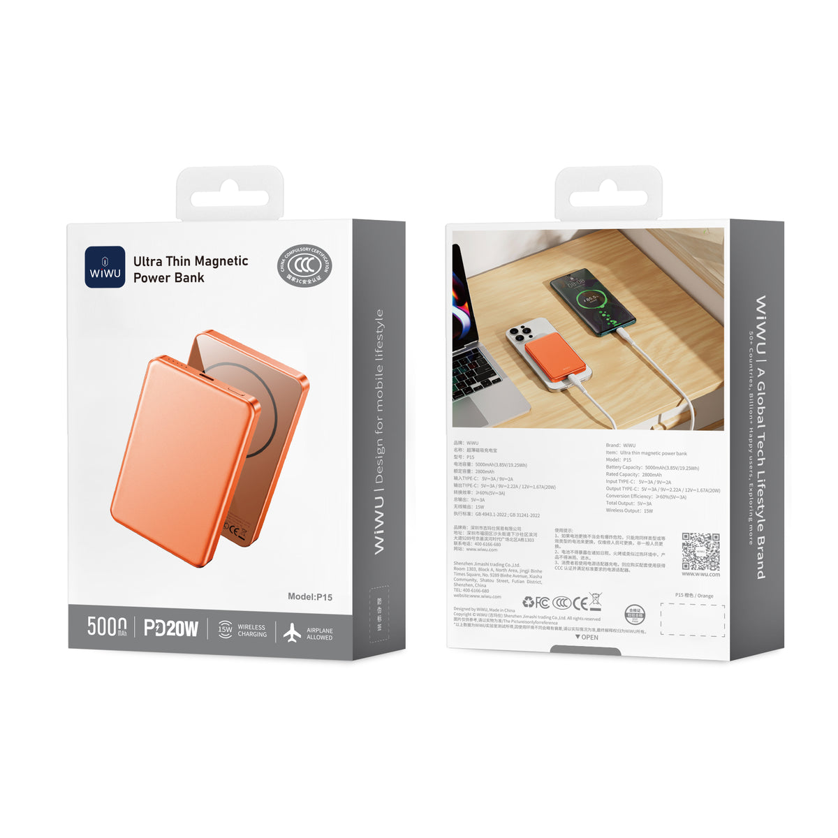 Power Bank Magnética WIWU Ultra Thin P15 5000mAh Orange